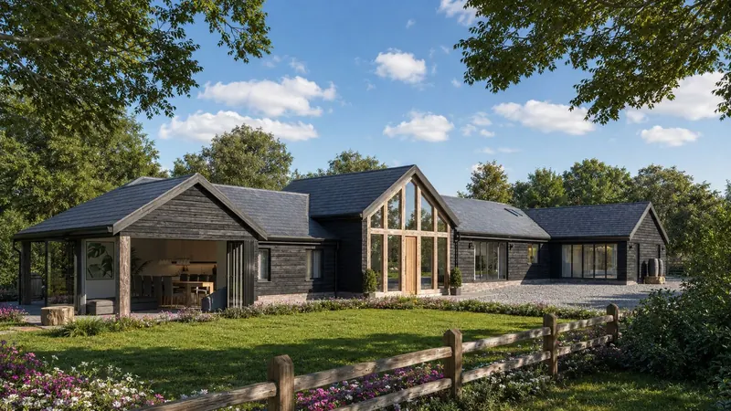 A black timber barn house with an oak-framed glazed gable