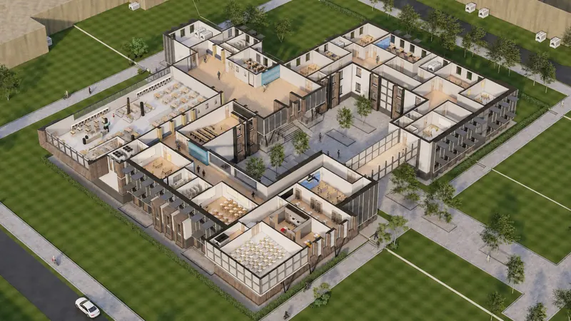 A cutaway aerial of a campus building showing every room laid out inside