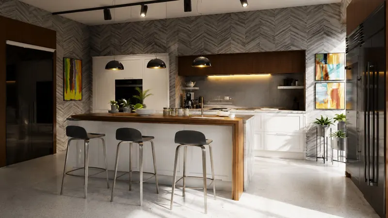 A kitchen with a walnut-topped island, chevron stone walls and black pendant lights