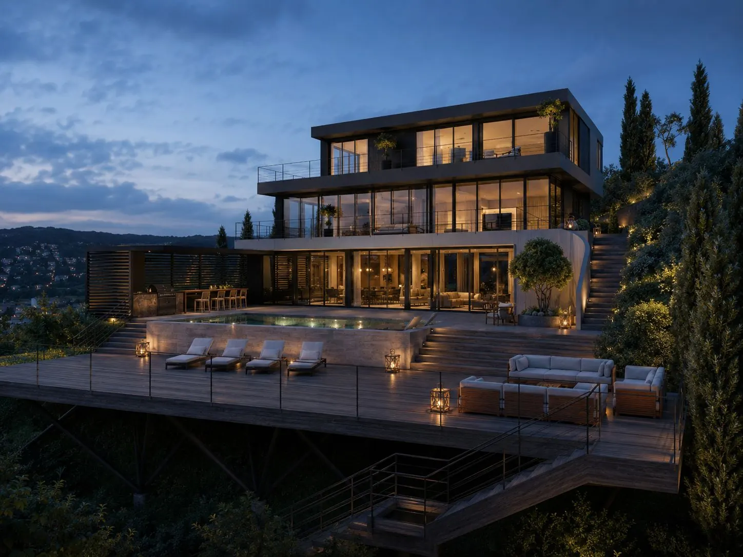 A hillside villa at dusk, glowing behind full-height glass above a timber deck and pool