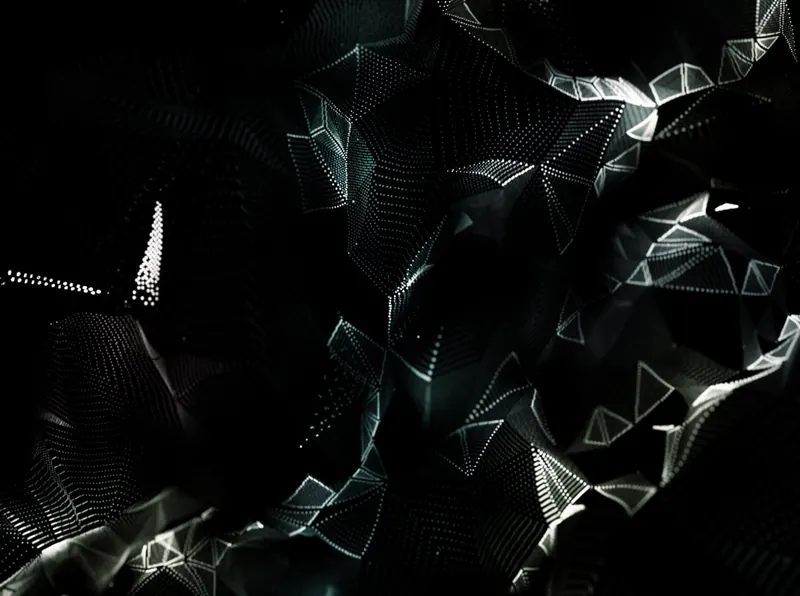 An abstract computational form, a folded surface traced in points of light