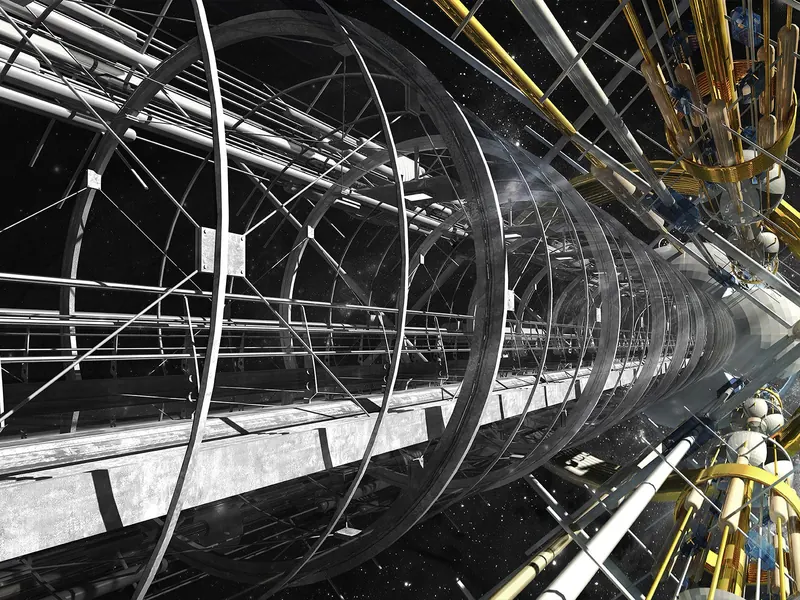 A ringed steel tunnel structure stretching into space