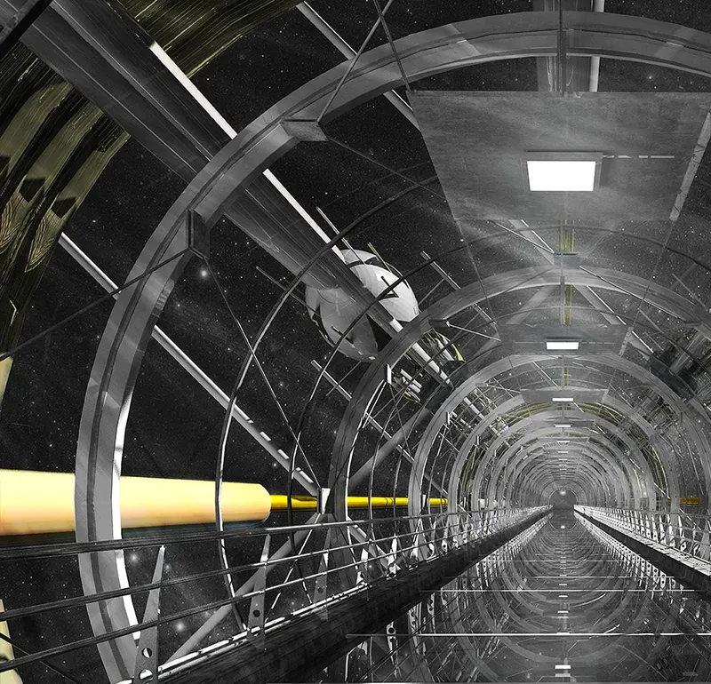 A glazed walkway of steel rings stretching into the stars