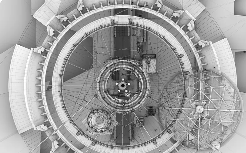 A detailed wireframe plan of a circular space port with a geodesic dome