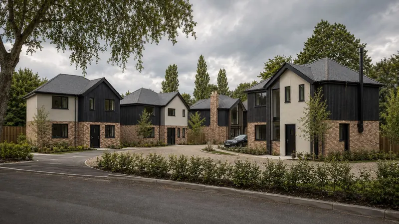 A small group of new homes in brick, render and black timber cladding around a gravel court