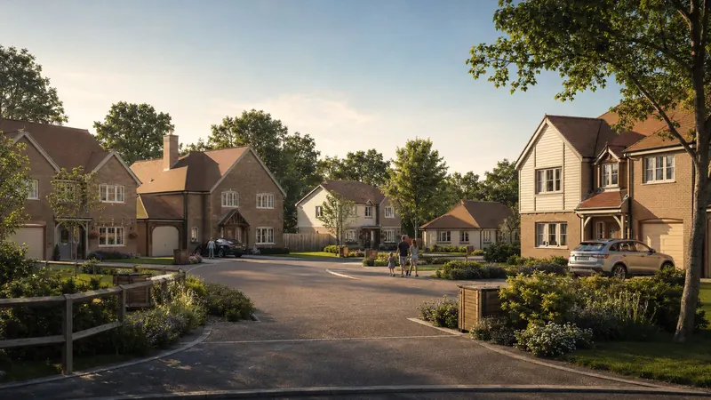 New brick and weatherboard village homes around a curving lane in evening sun