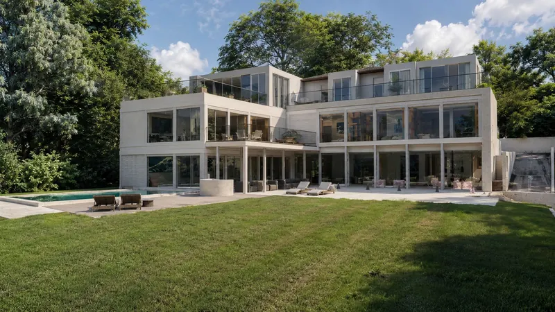 The garden side of the house, with stacked glazed floors and a pool terrace